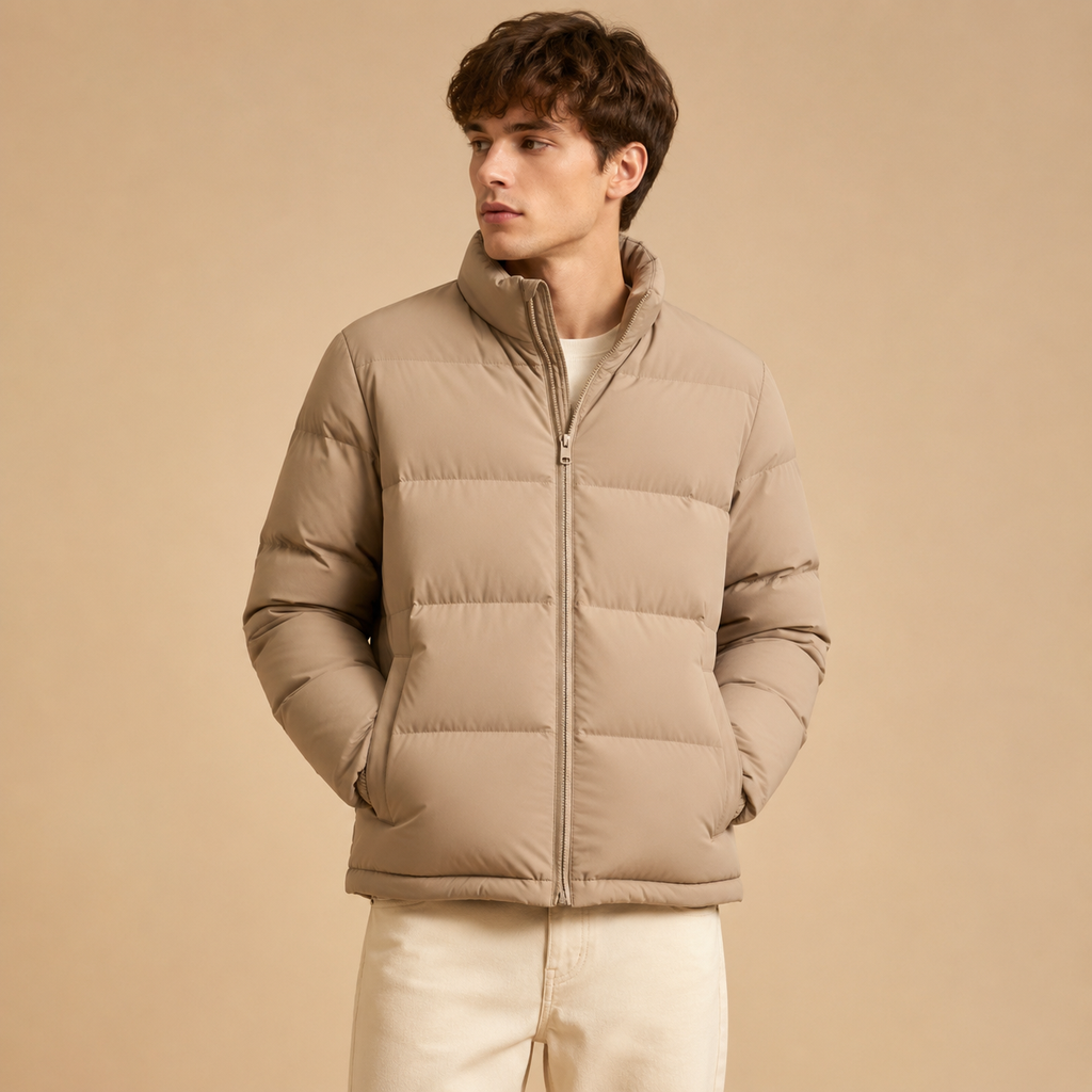 Custom Men Beige Stand Collar Down Jacket