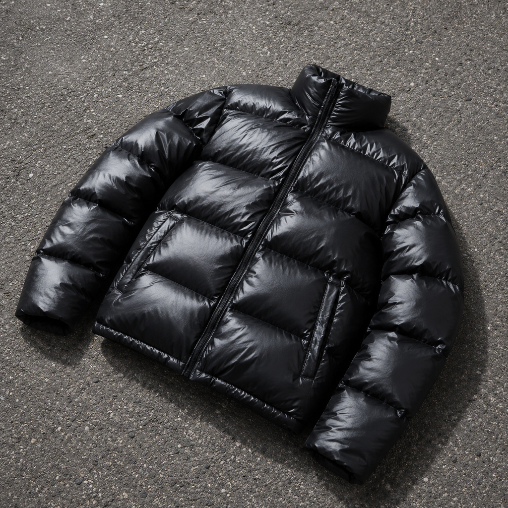 Custom Men Black Glossy Stand Collar Puffer Down Jacket
