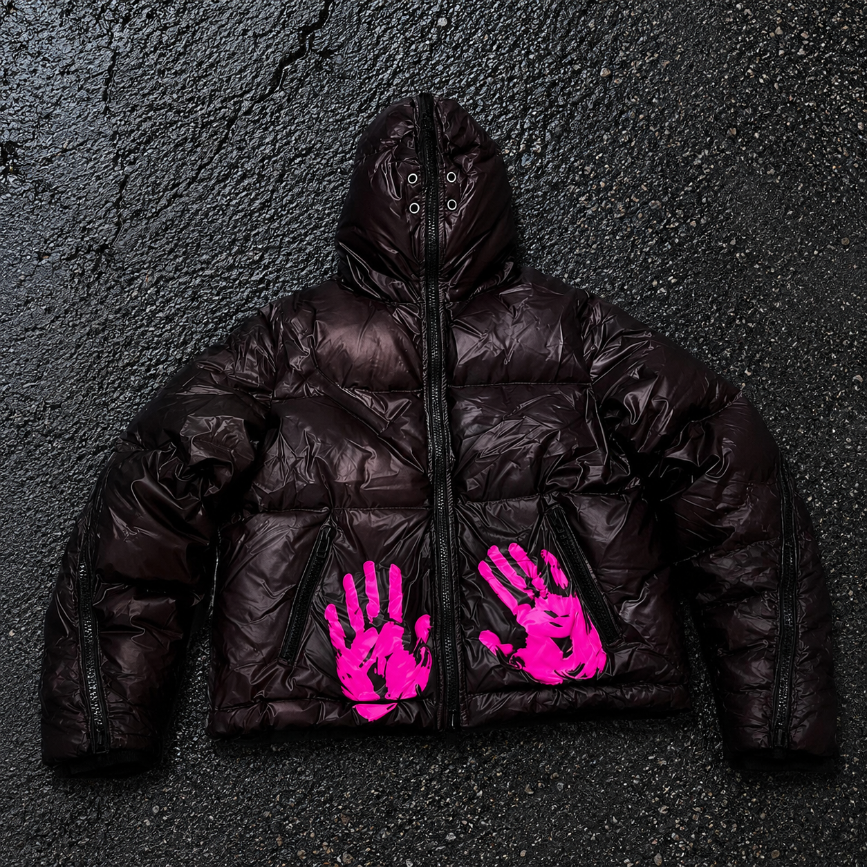 Custom Men Black Glossy Graphic Puffer Down Jacket