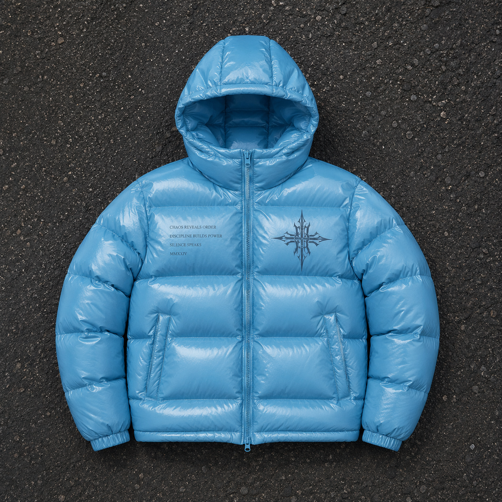 Custom Men Blue Glossy Hooded Down Jacket