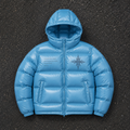Custom Men Blue Glossy Hooded Down Jacket