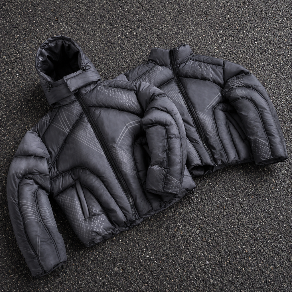 OEM Men Dark Grey Printed Hooded Puffer Jacket