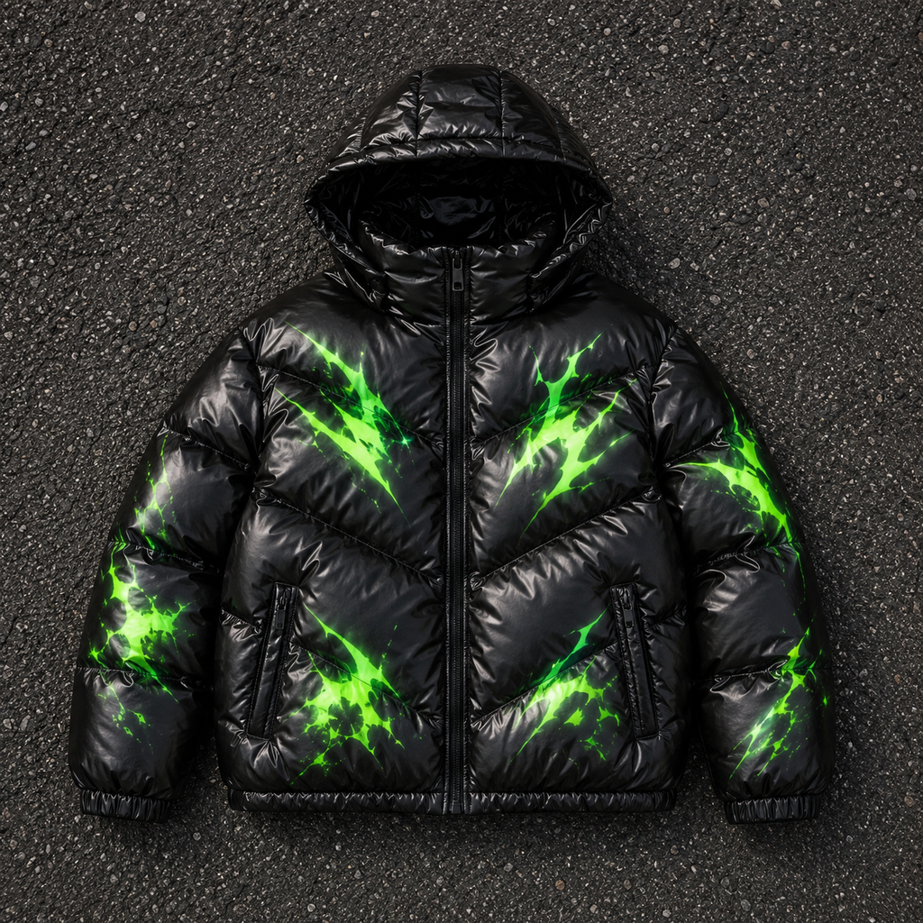 Custom Men Black Glossy Graphic Hooded Puffer Down Jacket