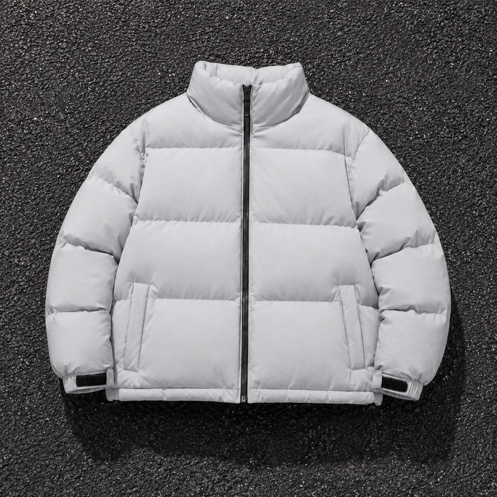 Custom Men Light Grey Stand Collar Puffer Jacket
