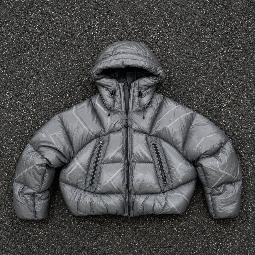 OEM Men Grey Technical Printed Hooded Puffer Jacket