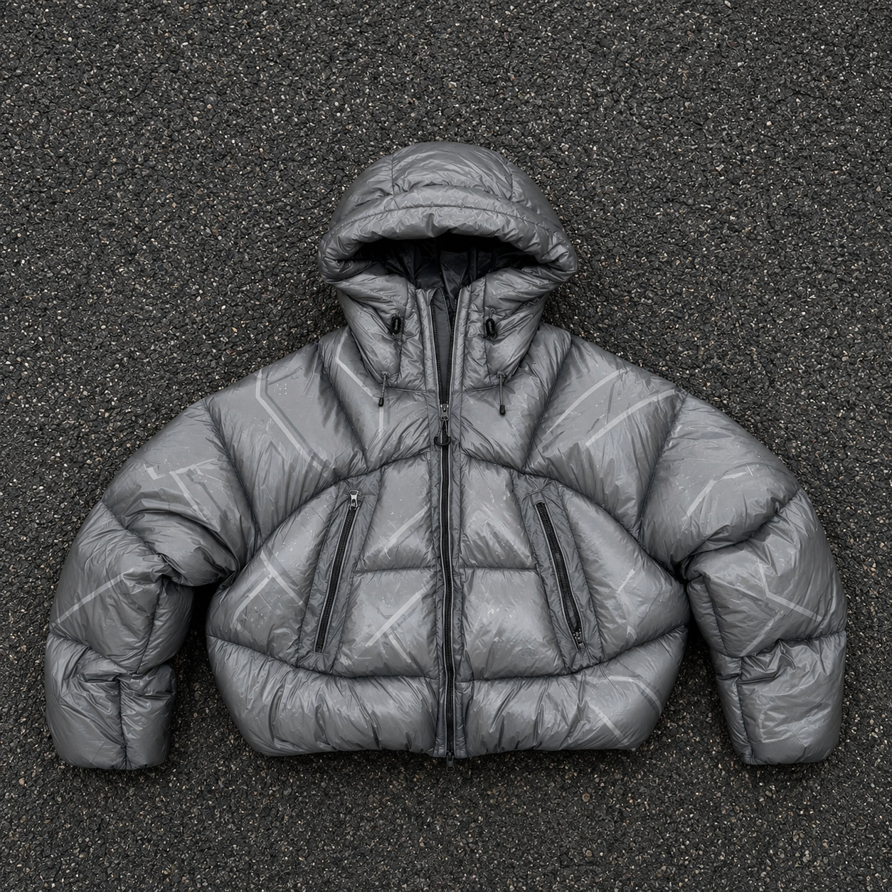 OEM Men Grey Technical Printed Hooded Puffer Jacket