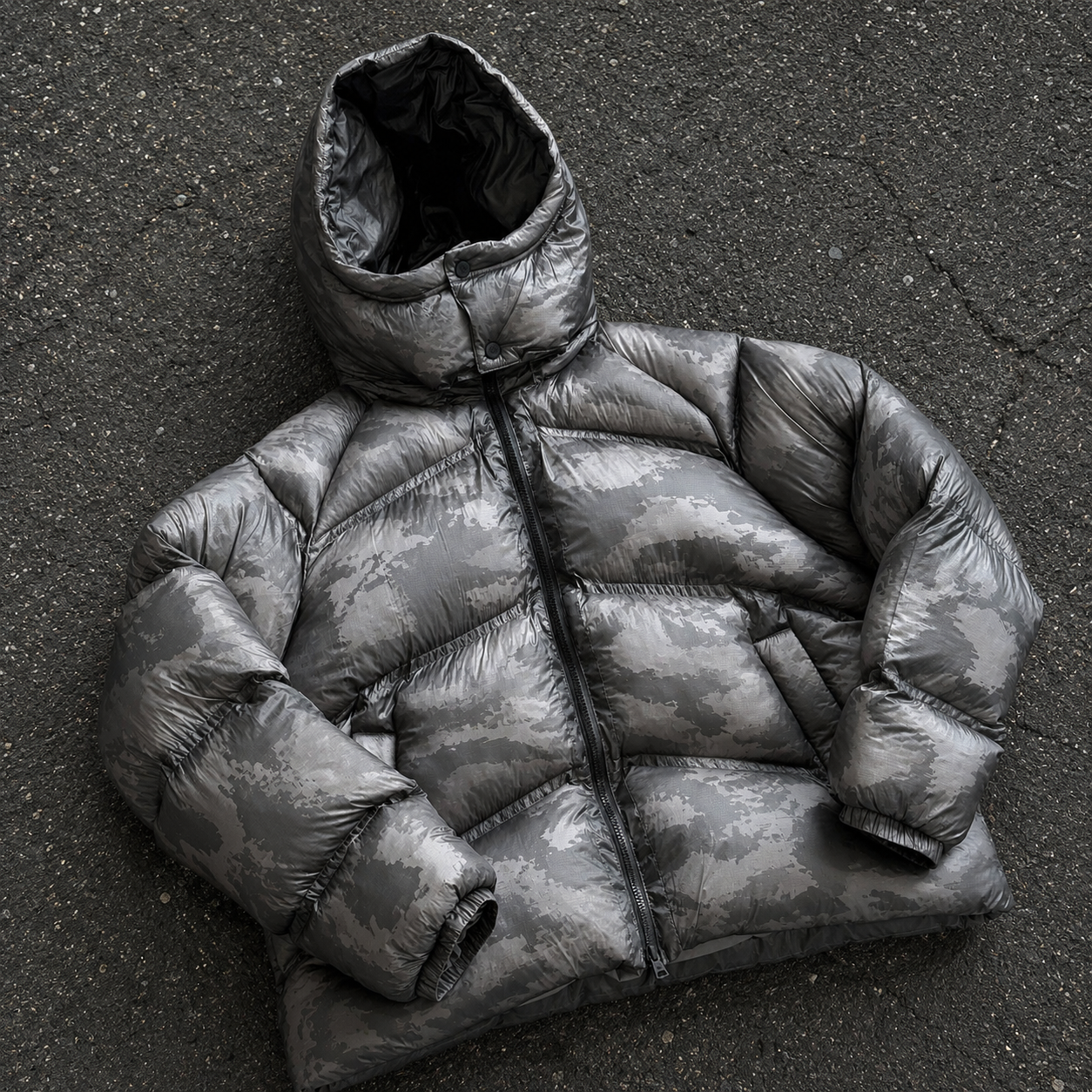 Custom Men Grey Camo Glossy Hooded Puffer Down Jacket