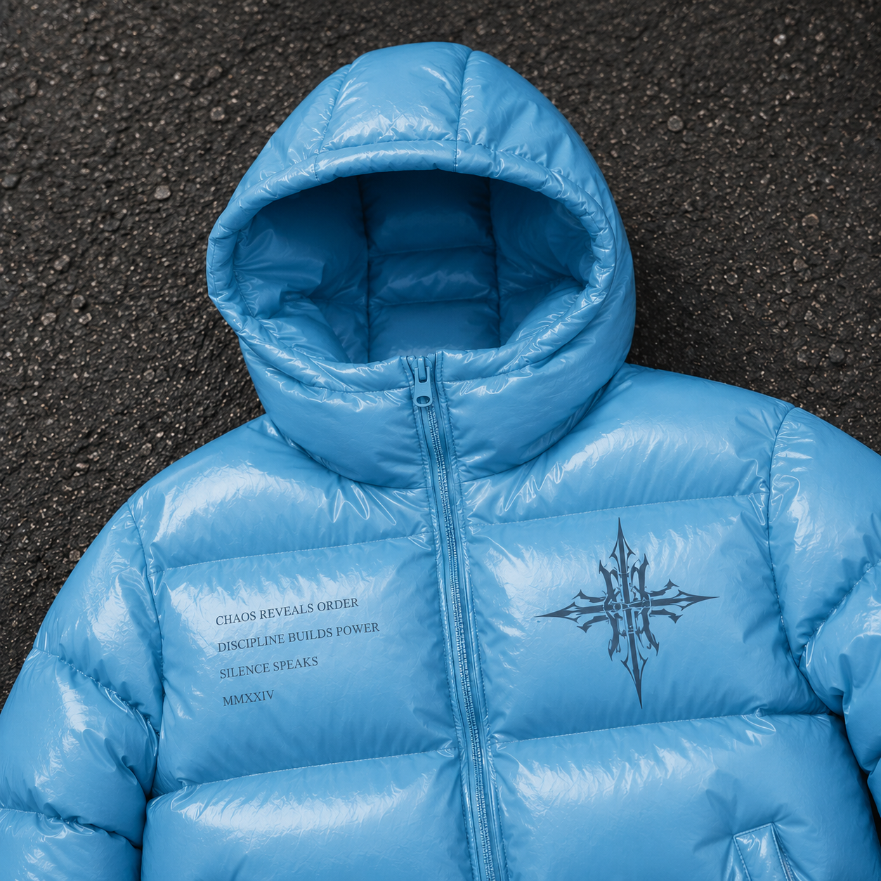 Custom Men Blue Glossy Hooded Down Jacket