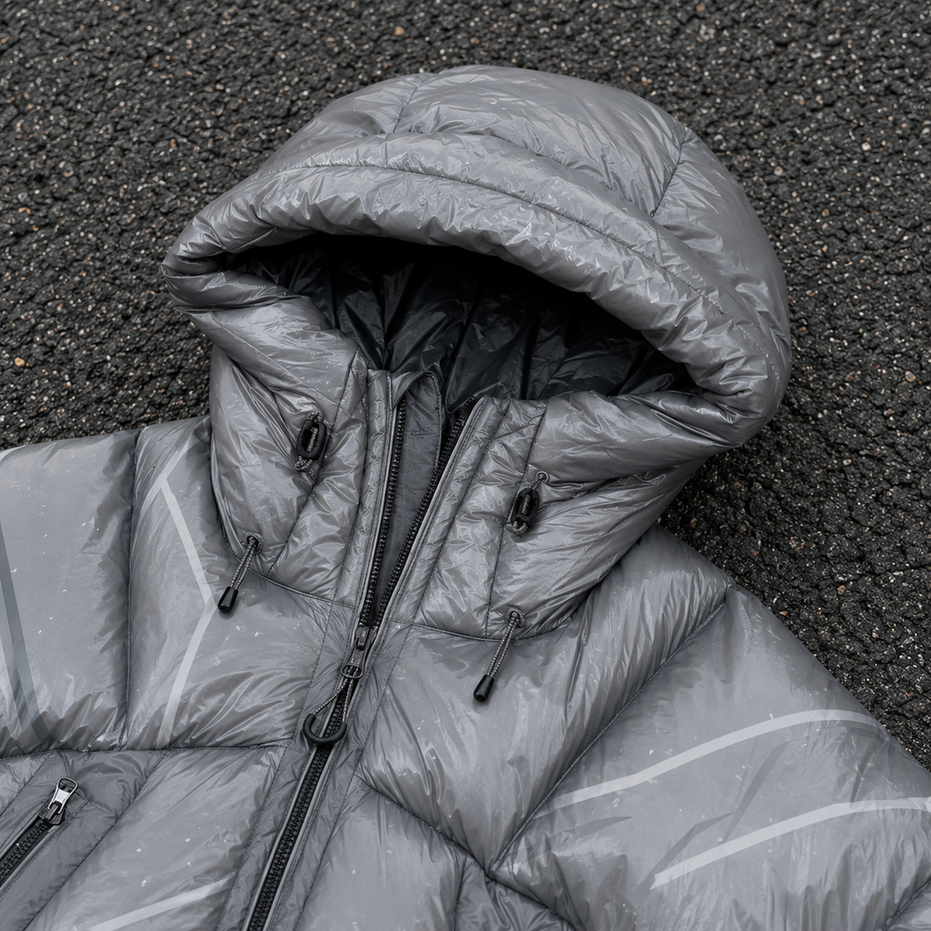 OEM Men Grey Technical Printed Hooded Puffer Jacket