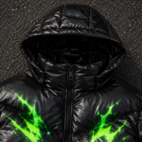 Custom Men Black Glossy Graphic Hooded Puffer Down Jacket