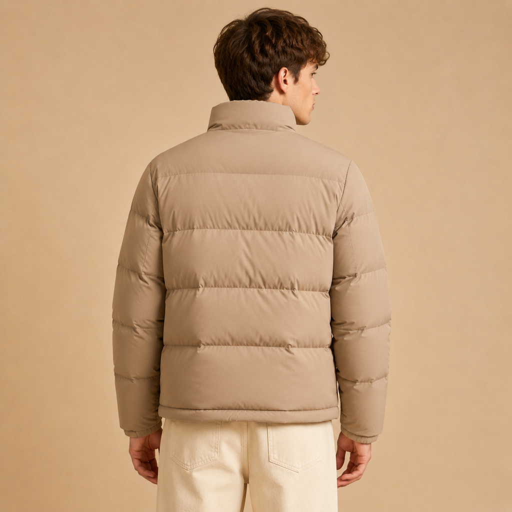 Custom Men Beige Stand Collar Down Jacket