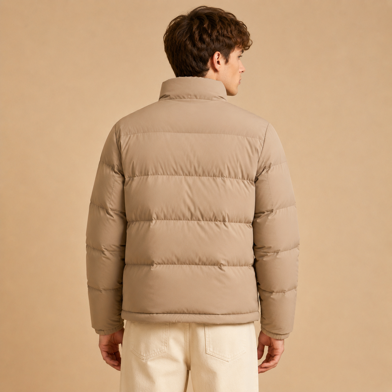 Custom Men Beige Stand Collar Down Jacket
