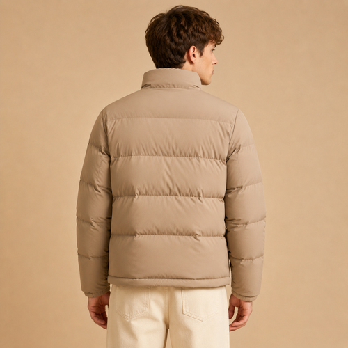 Custom Men Beige Stand Collar Down Jacket