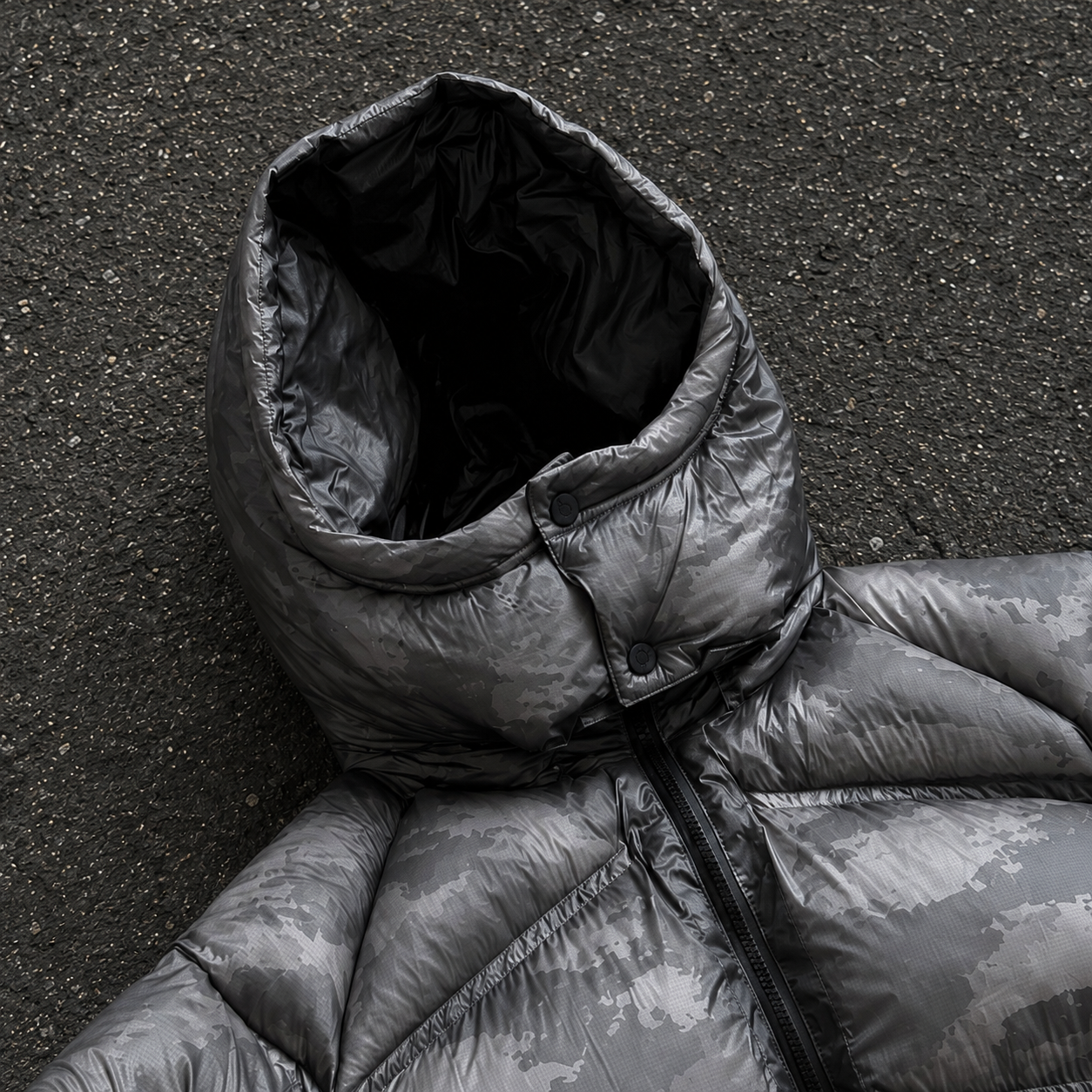 Custom Men Grey Camo Glossy Hooded Puffer Down Jacket