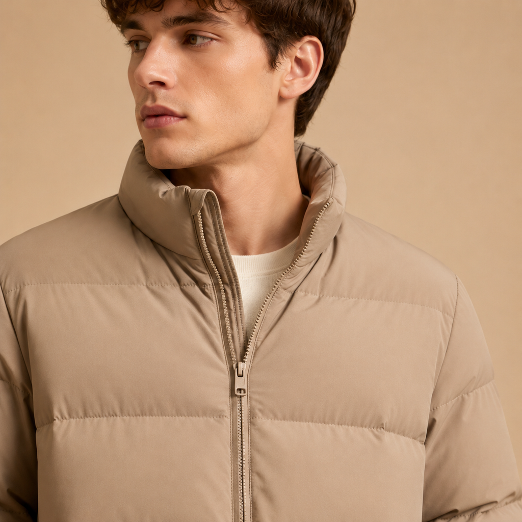 Custom Men Beige Stand Collar Down Jacket