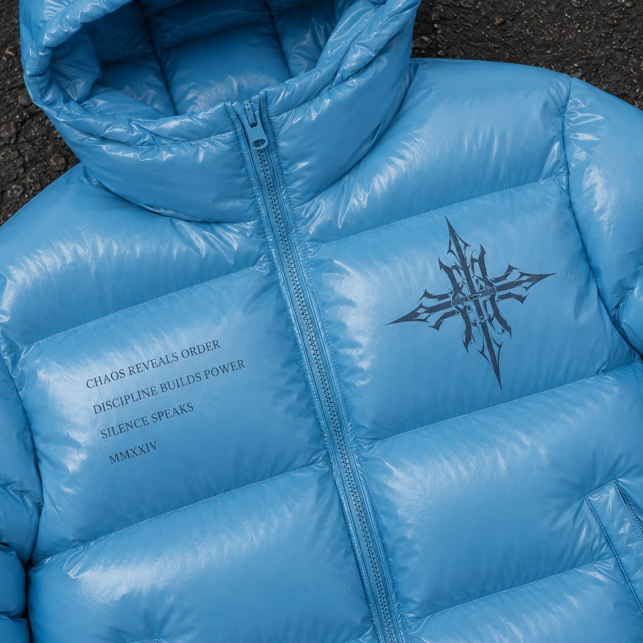 Custom Men Blue Glossy Hooded Down Jacket