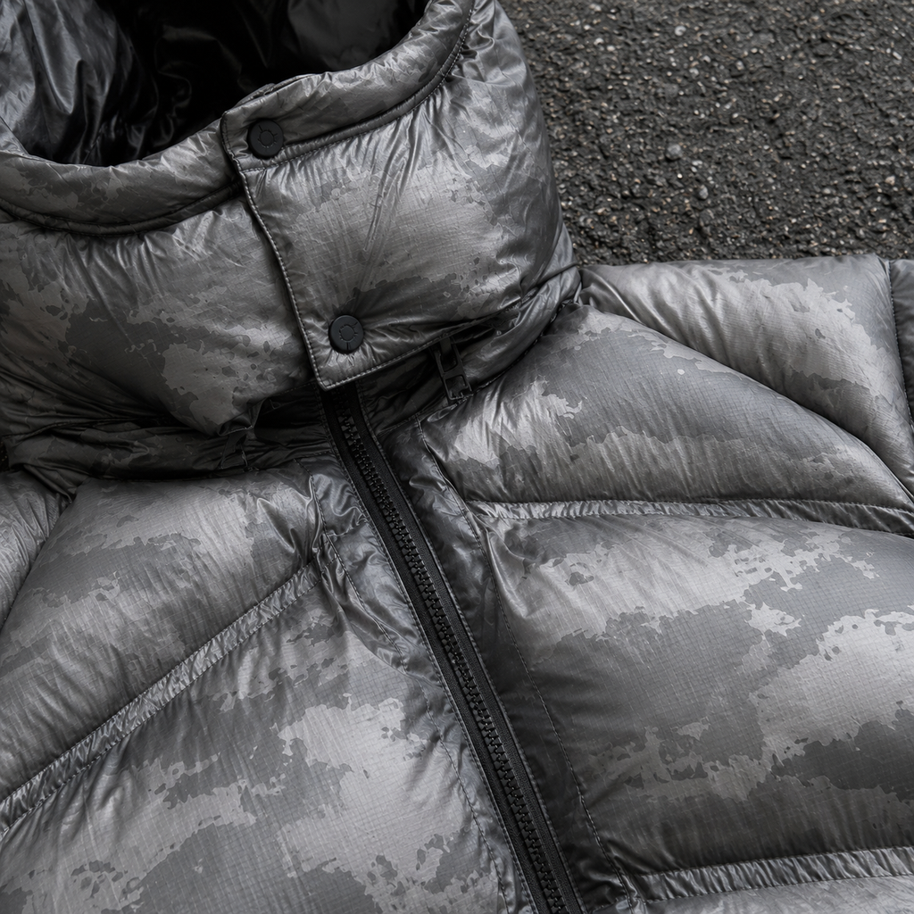 Custom Men Grey Camo Glossy Hooded Puffer Down Jacket