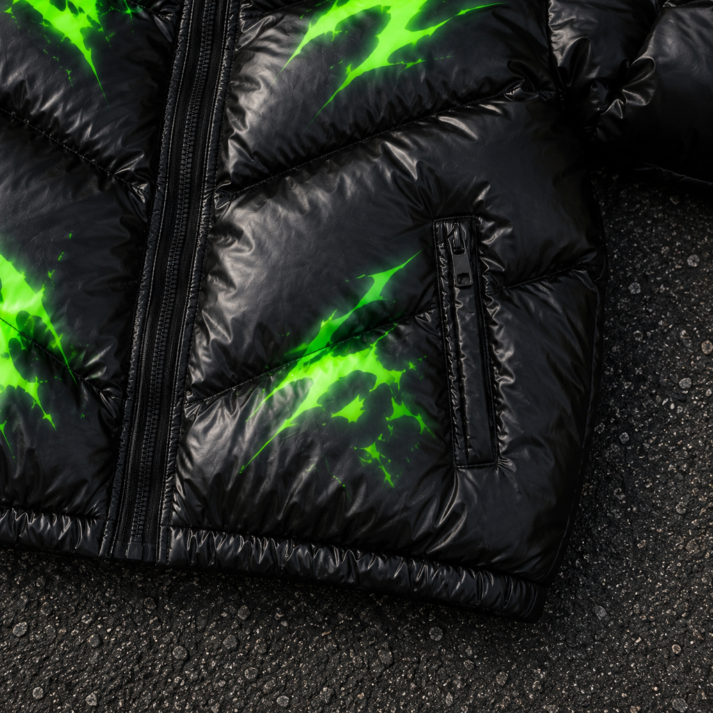Custom Men Black Glossy Graphic Hooded Puffer Down Jacket