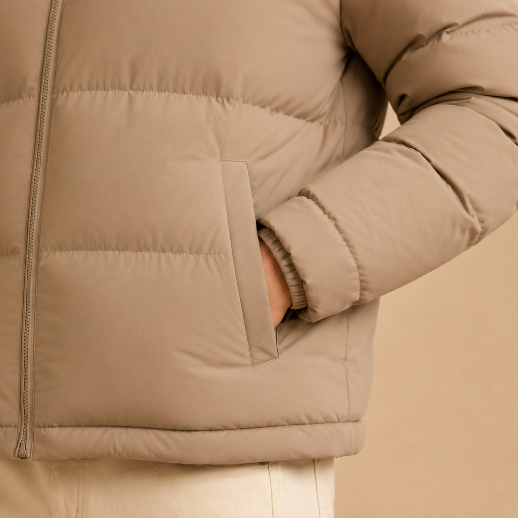 Custom Men Beige Stand Collar Down Jacket