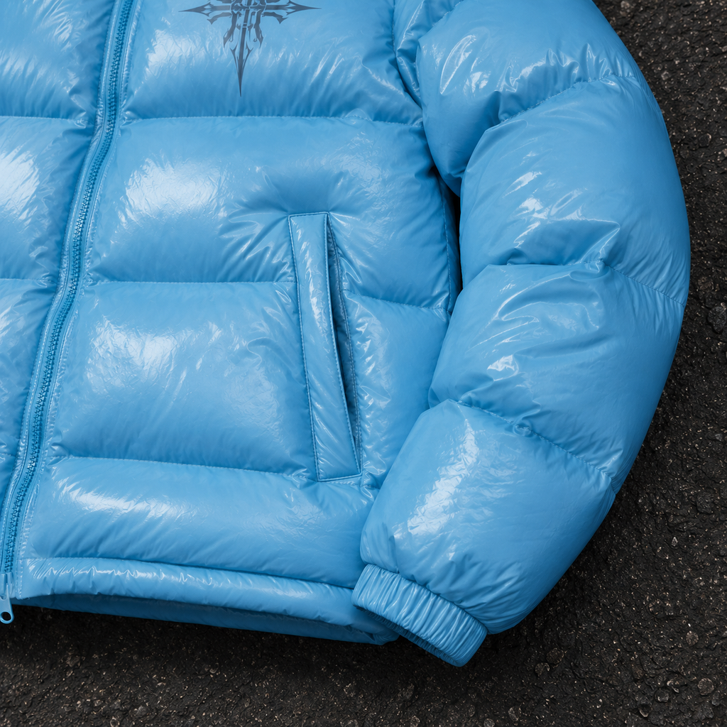 Custom Men Blue Glossy Hooded Down Jacket