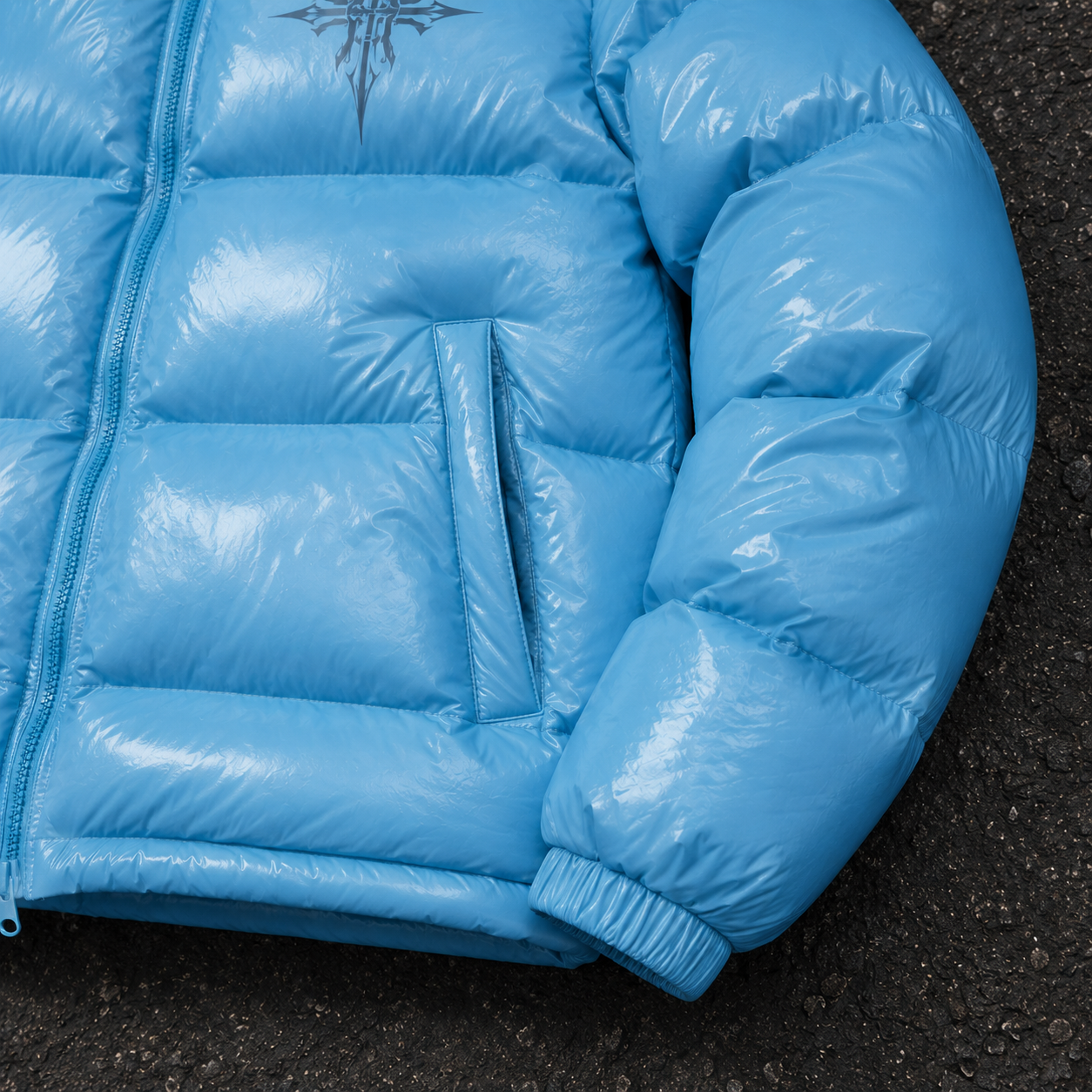 Custom Men Blue Glossy Hooded Down Jacket