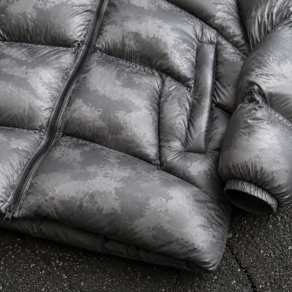 Custom Men Grey Camo Glossy Hooded Puffer Down Jacket