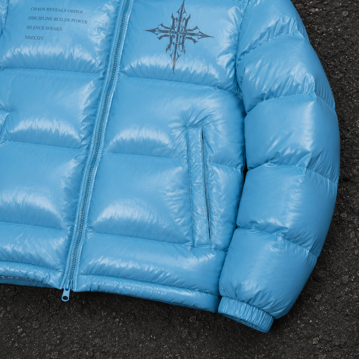 Custom Men Blue Glossy Hooded Down Jacket