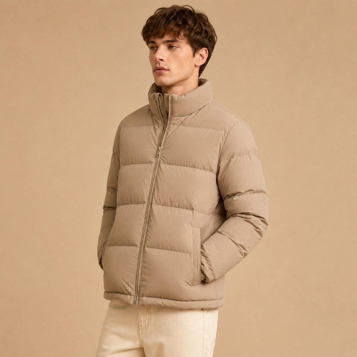 Custom Men Beige Stand Collar Down Jacket