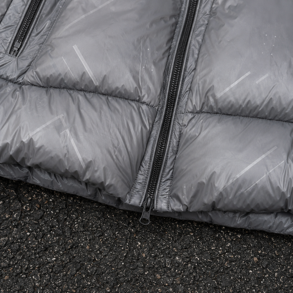 OEM Men Grey Technical Printed Hooded Puffer Jacket