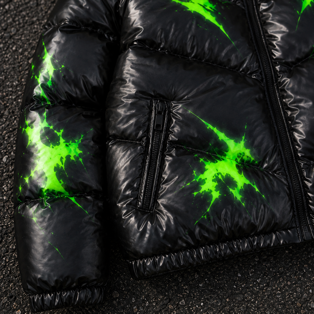 Custom Men Black Glossy Graphic Hooded Puffer Down Jacket