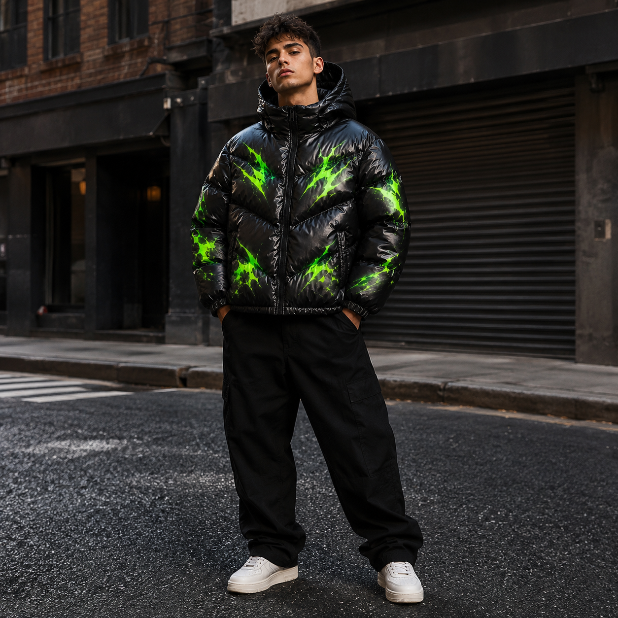Custom Men Black Glossy Graphic Hooded Puffer Down Jacket