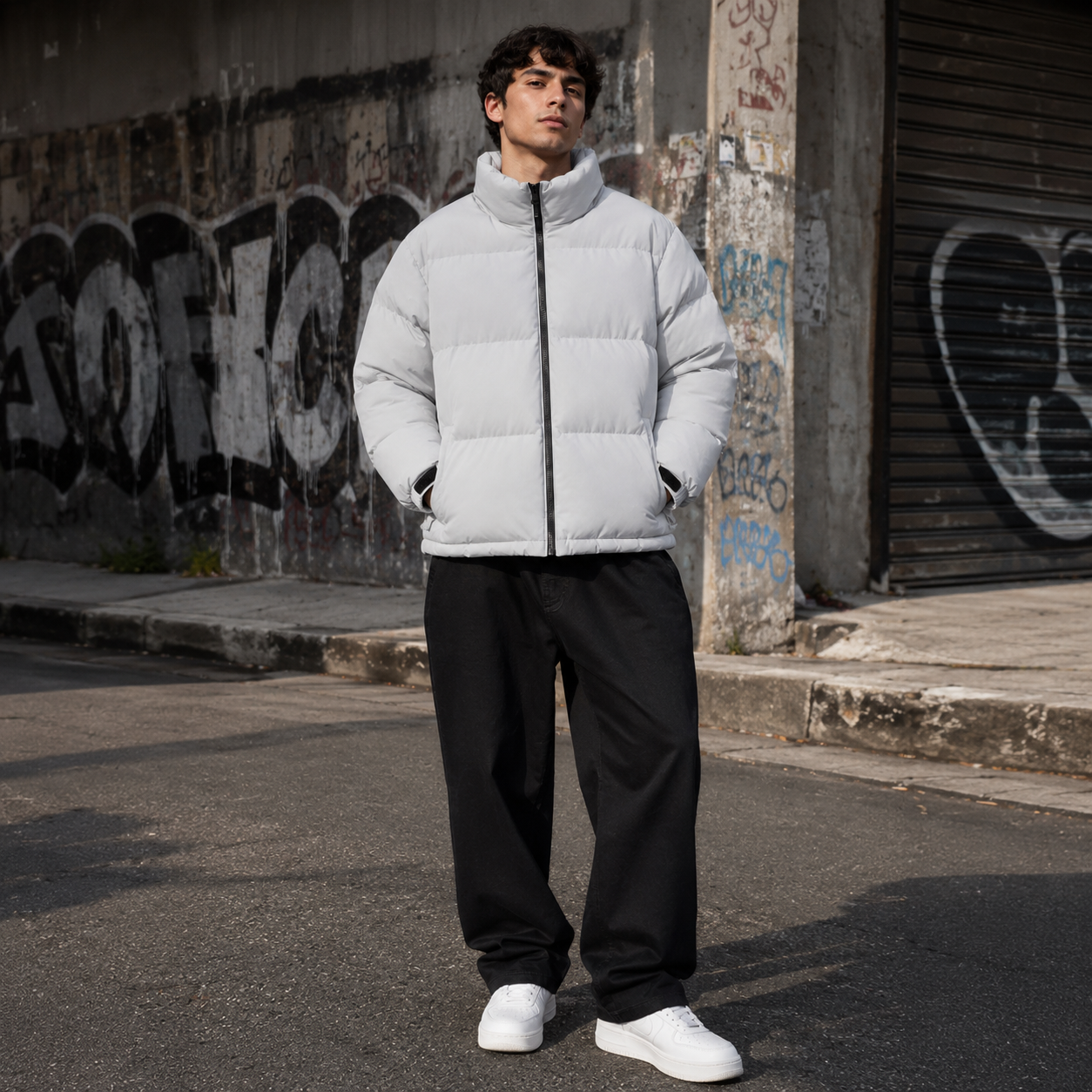 Custom Men Light Grey Stand Collar Puffer Jacket