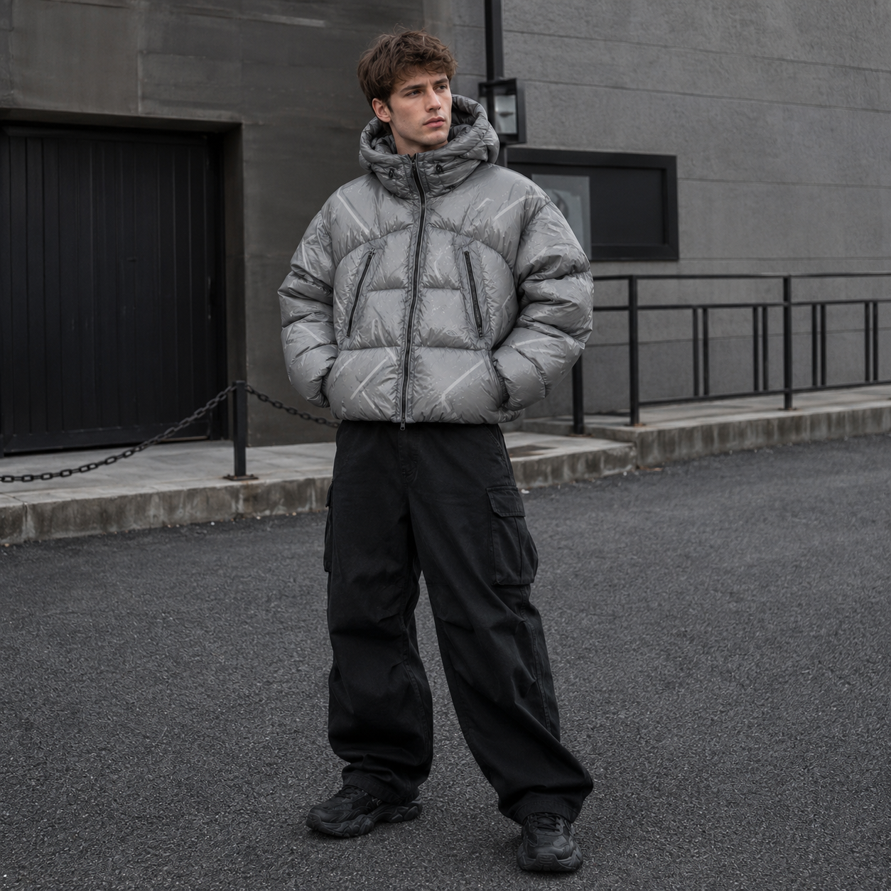 OEM Men Grey Technical Printed Hooded Puffer Jacket