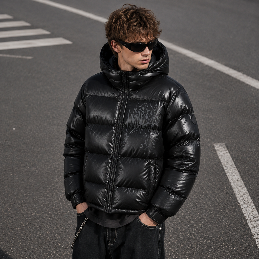 Custom Men Glossy Hooded Puffer Down Jacket