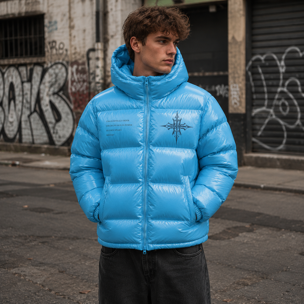 Custom Men Blue Glossy Hooded Down Jacket
