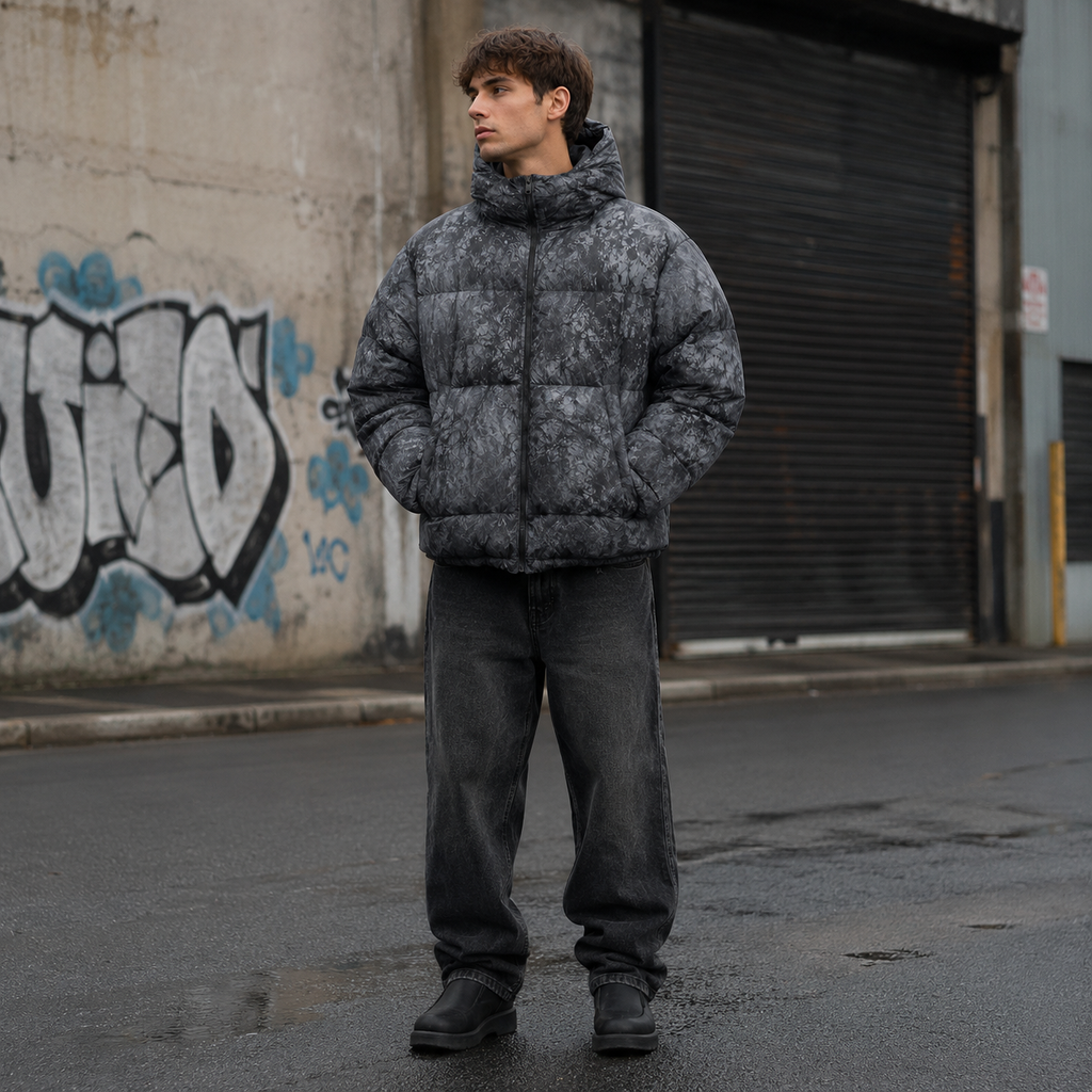Custom Men Grey Camo Hooded Puffer Down Jacket