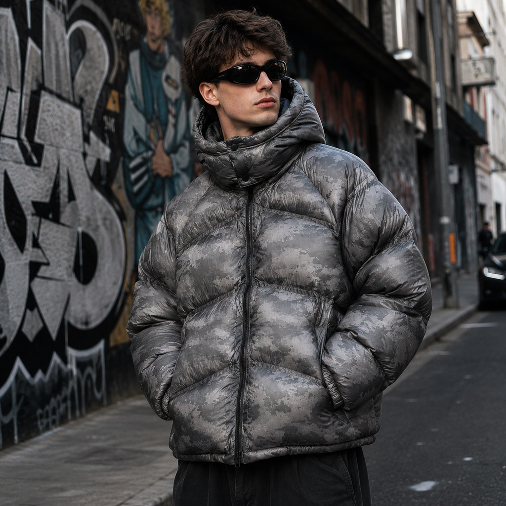 Custom Men Grey Camo Glossy Hooded Puffer Down Jacket