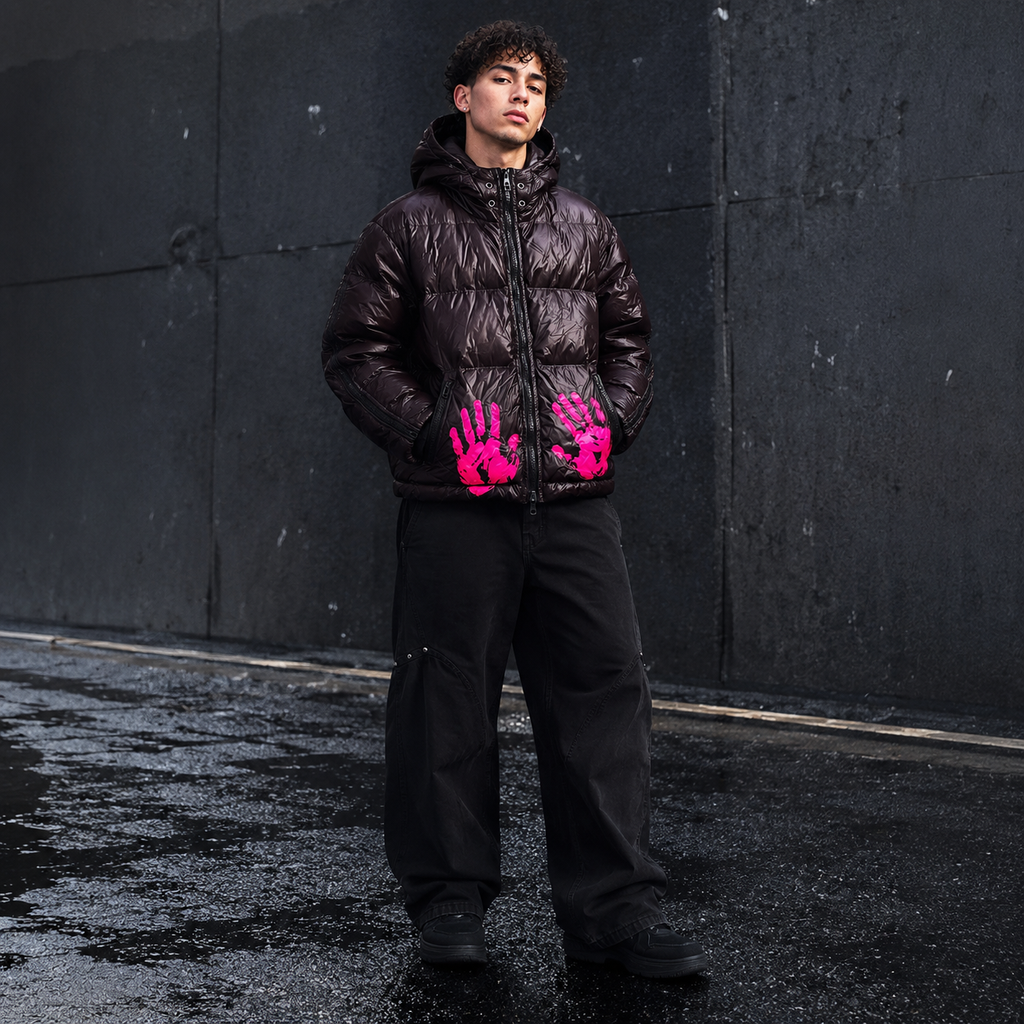 Custom Men Black Glossy Graphic Puffer Down Jacket