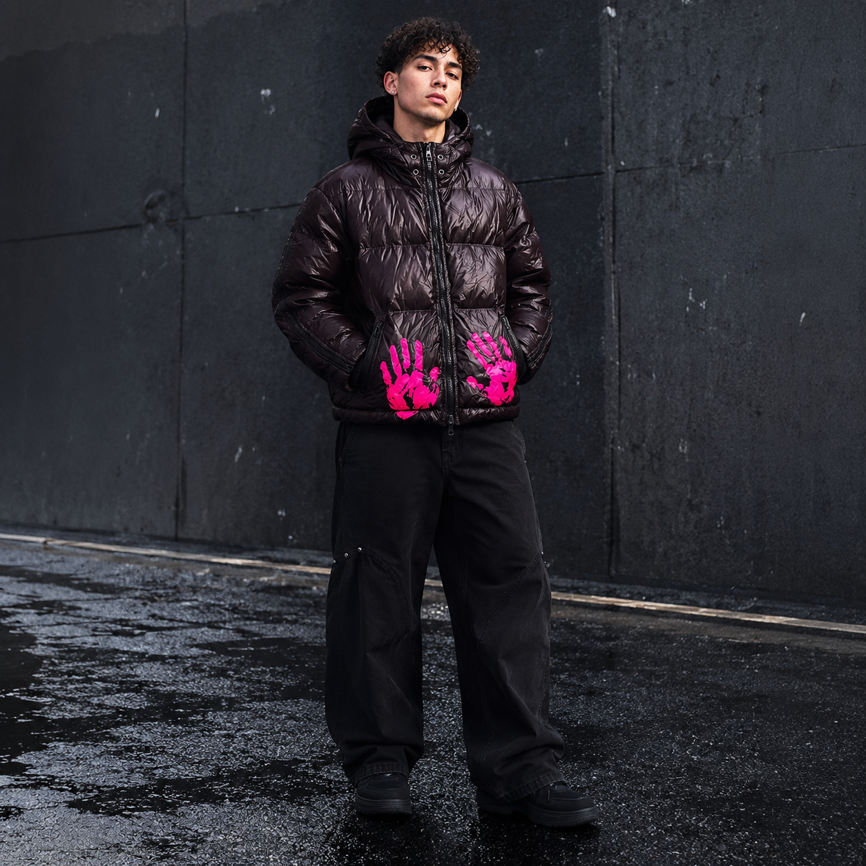 Custom Men Black Glossy Graphic Puffer Down Jacket