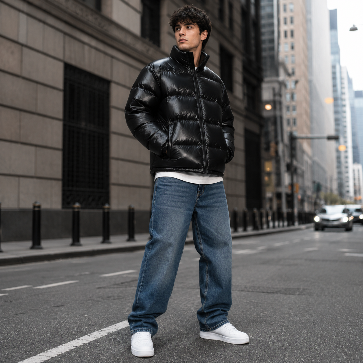Custom Men Black Glossy Stand Collar Puffer Down Jacket